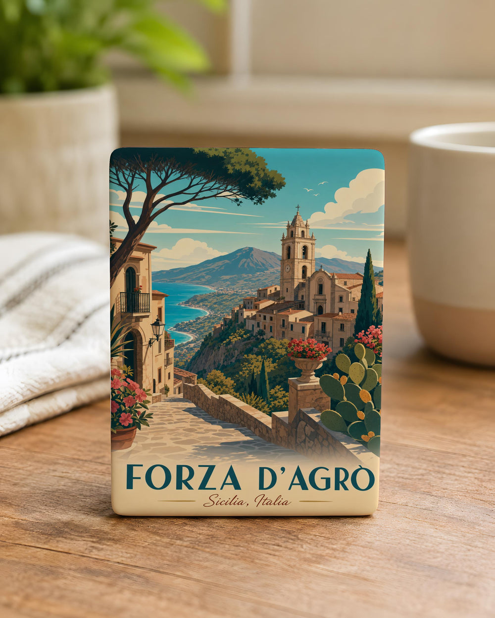 Forza d’Agrò Sicily Italy Fridge Magnet, Medieval Hilltop Village Travel Souvenir, Italian Landmark Kitchen Decor