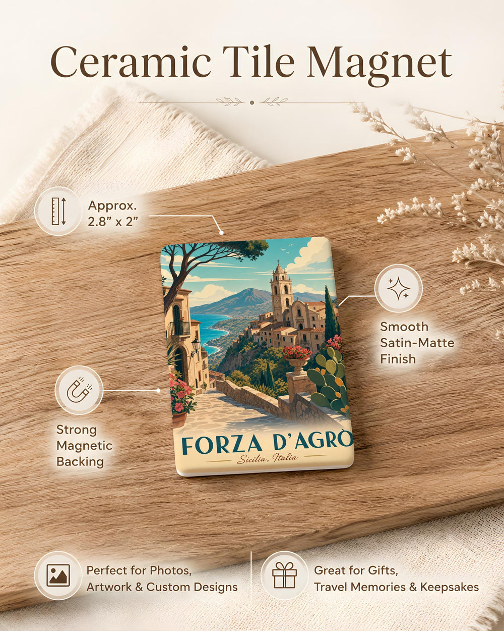 Forza d’Agrò Sicily Italy Fridge Magnet, Medieval Hilltop Village Travel Souvenir, Italian Landmark Kitchen Decor
