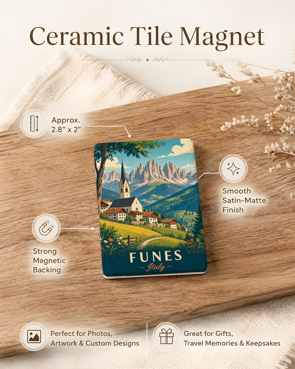 Funes Italy Fridge Magnet, Dolomites Village Landscape Souvenir Magnet, South Tyrol Travel Gift, Italian Alps Keepsake Magnet