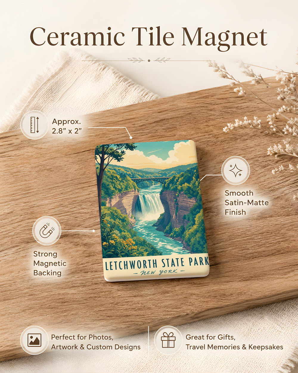 Letchworth State Park Fridge Magnet, New York Park Souvenir, Scenic Gorge & Waterfall Travel Magnet Gift