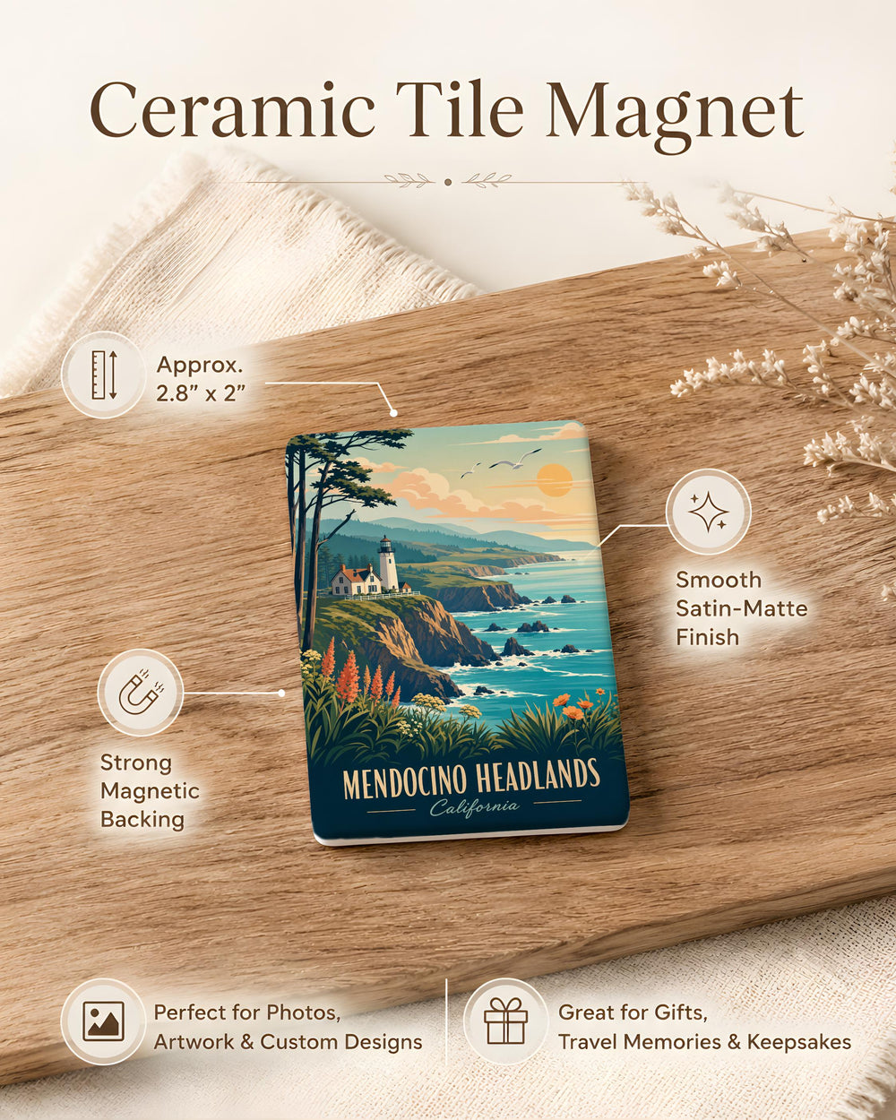 Mendocino Headlands Fridge Magnet, Mendocino California Coastline Souvenir, Ocean Cliffs and Coastal Trail Magnet