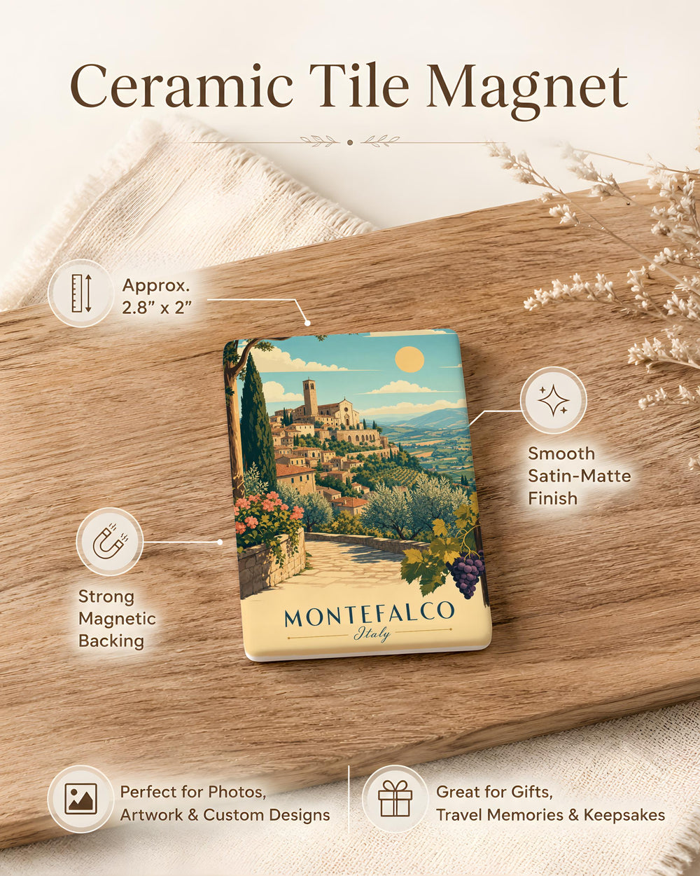 Montefalco Italy Fridge Magnet, Montefalco Travel Souvenir, Umbria Italy Landmark Keepsake Magnet, Italian Village Gift