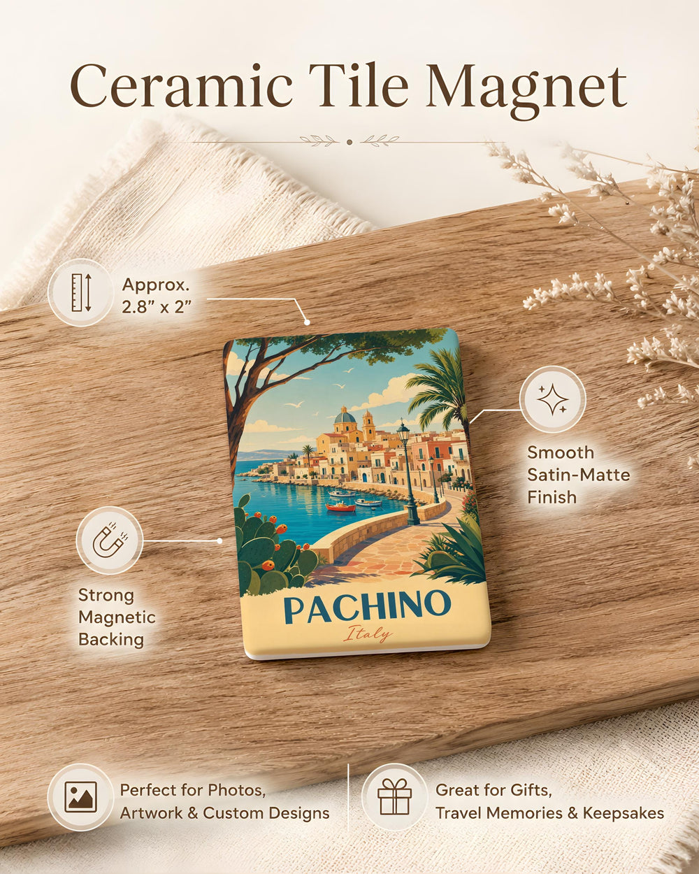 Pachino Italy Fridge Magnet, Sicily Travel Souvenir, Italian Coastal Town Keepsake, Italy Vacation Gift, Mediterranean Kitchen Decor