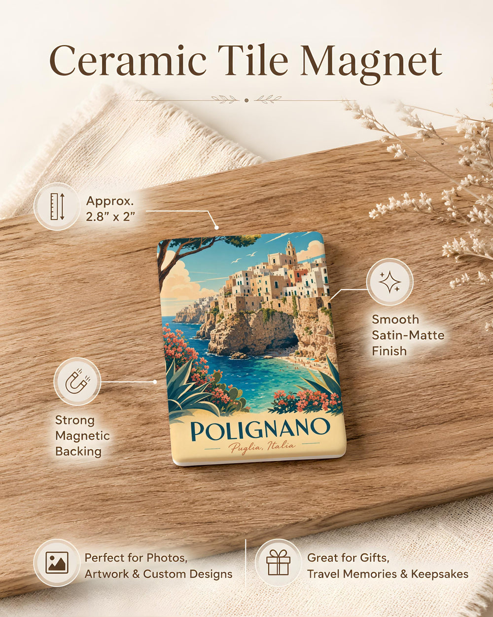 Polignano a Mare Town Fridge Magnet, Polignano Italy Coastal Cliffside Village Souvenir Magnet, Puglia Travel Gift