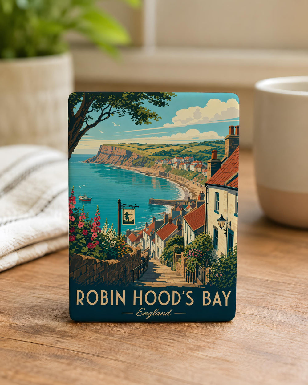 Robin Hood’s Bay Fridge Magnet, Yorkshire Coastal Village Souvenir, Seaside Harbor Town Landmark Keepsake Gift
