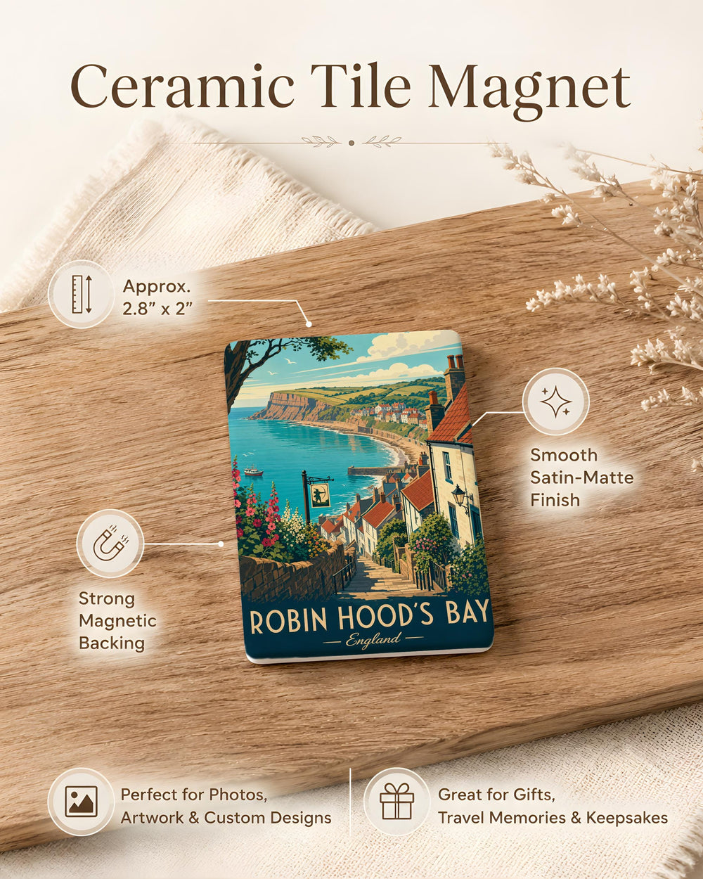 Robin Hood’s Bay Fridge Magnet, Yorkshire Coastal Village Souvenir, Seaside Harbor Town Landmark Keepsake Gift