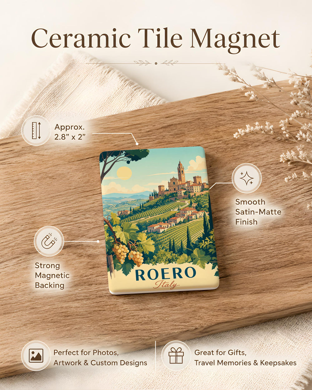 Roero Italy Fridge Magnet, Roero Region Souvenir Magnet, Italy Travel Keepsake, Italian Landmark Gift, Piemonte Italy Magnet