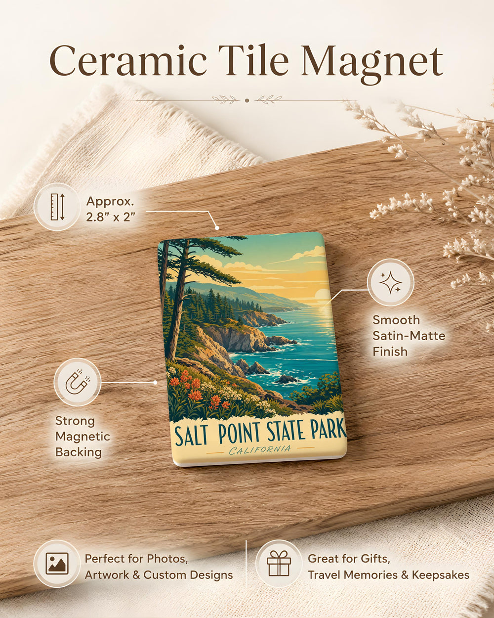Salt Point State Park Fridge Magnet, California Coast, Sonoma County, Ocean Cliffs, Tide Pools, Hiking Trail Souvenir Magnet