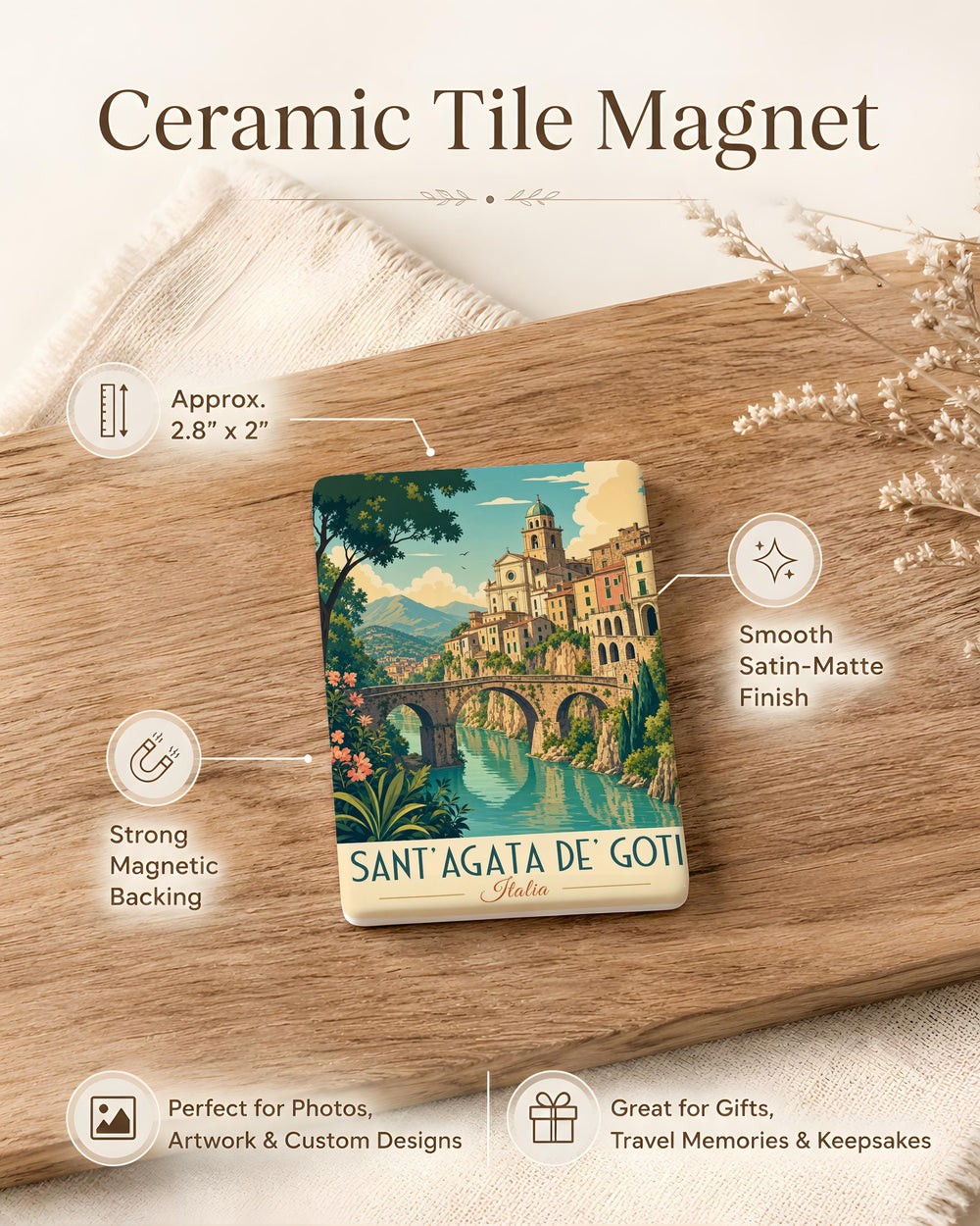 Sant'Agata de' Goti Italy Fridge Magnet, Historic Town Cliffside View Souvenir Magnet, Campania Travel Keepsake Magnet