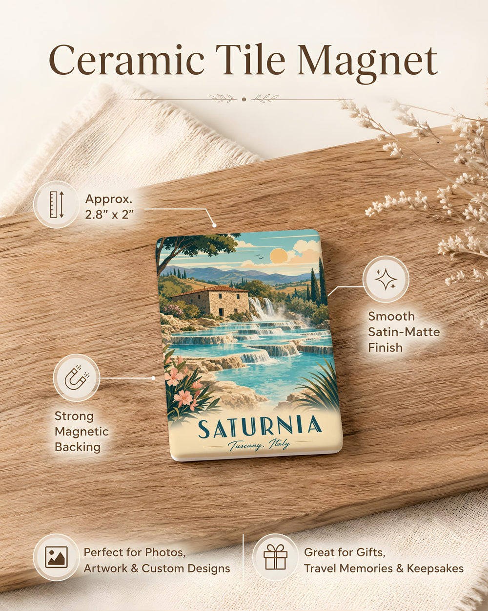 Saturnia Hot Springs Fridge Magnet, Tuscany Italy Thermal Springs Souvenir Magnet, Cascading Hot Spring Pools Magnet