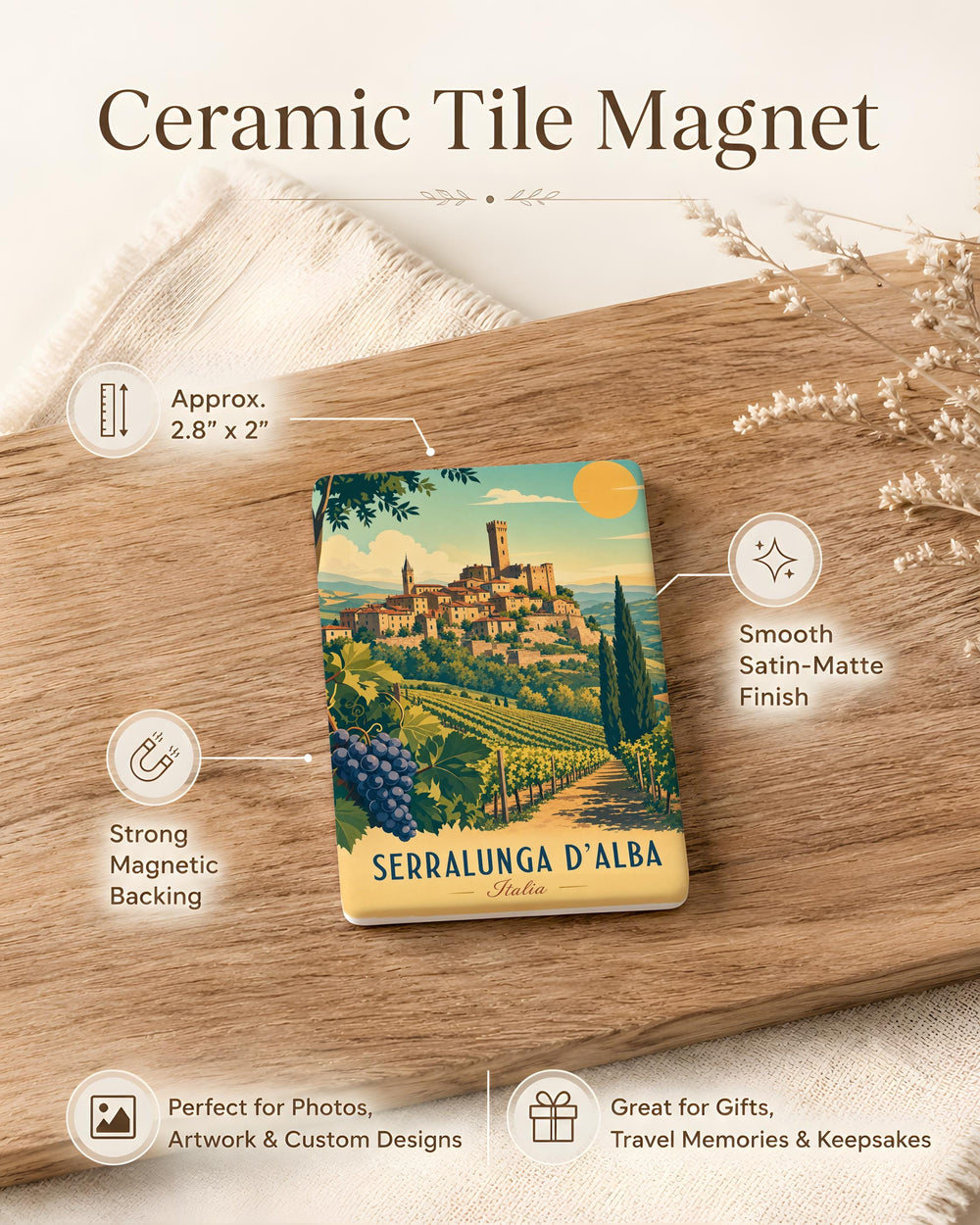 Serralunga d’Alba Fridge Magnet, Italy Travel Souvenir, Piedmont Landmark Keepsake Magnet, Serralunga d’Alba Gift