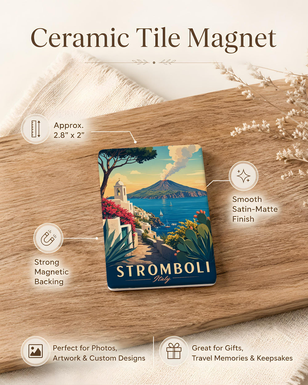 Stromboli Island Fridge Magnet, Italy Volcano Souvenir, Aeolian Islands Travel Keepsake, Mediterranean Island Landmark Magnet