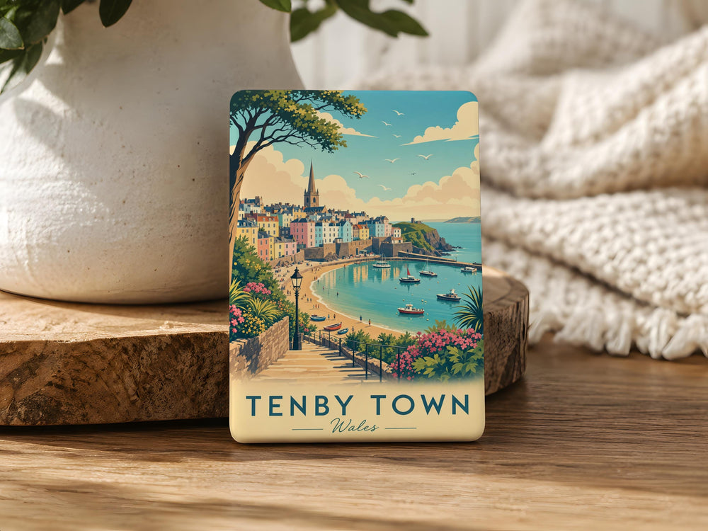 Tenby Town Fridge Magnet, Tenby Wales Coastal Seaside Harbour Souvenir Magnet, Pembrokeshire Travel Gift Magnet