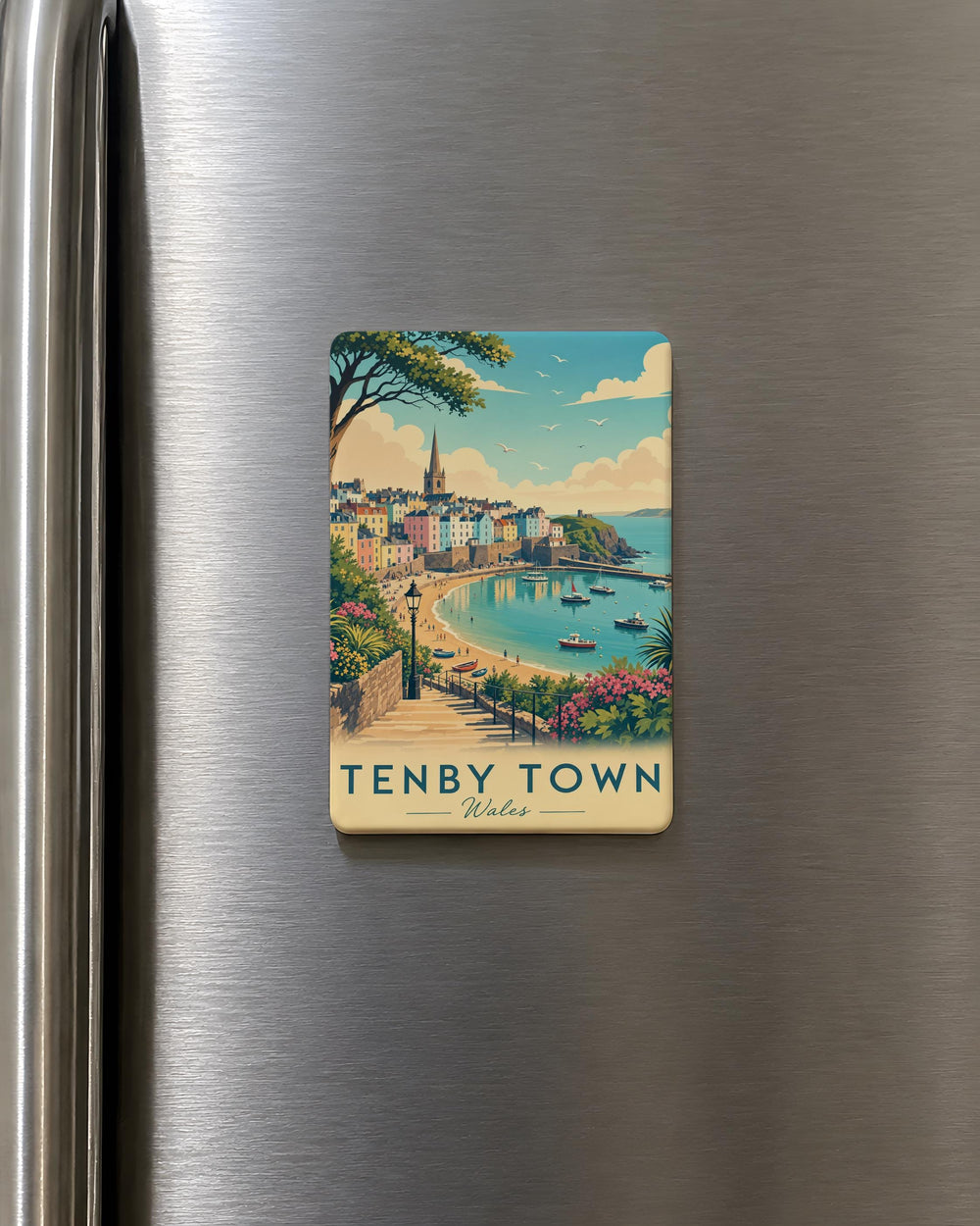 Tenby Town Fridge Magnet, Tenby Wales Coastal Seaside Harbour Souvenir Magnet, Pembrokeshire Travel Gift Magnet