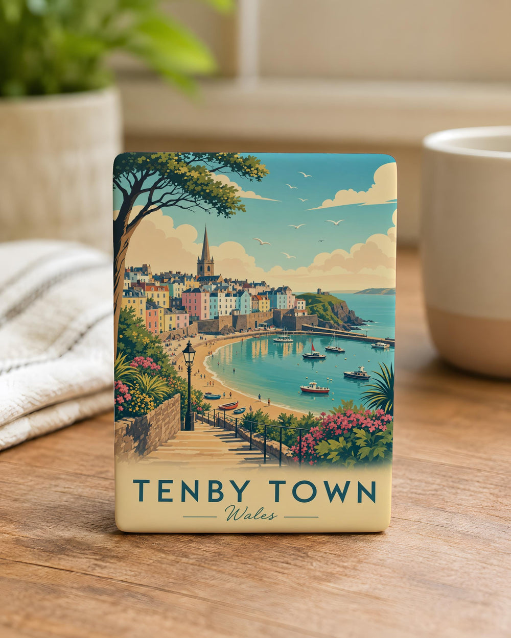 Tenby Town Fridge Magnet, Tenby Wales Coastal Seaside Harbour Souvenir Magnet, Pembrokeshire Travel Gift Magnet