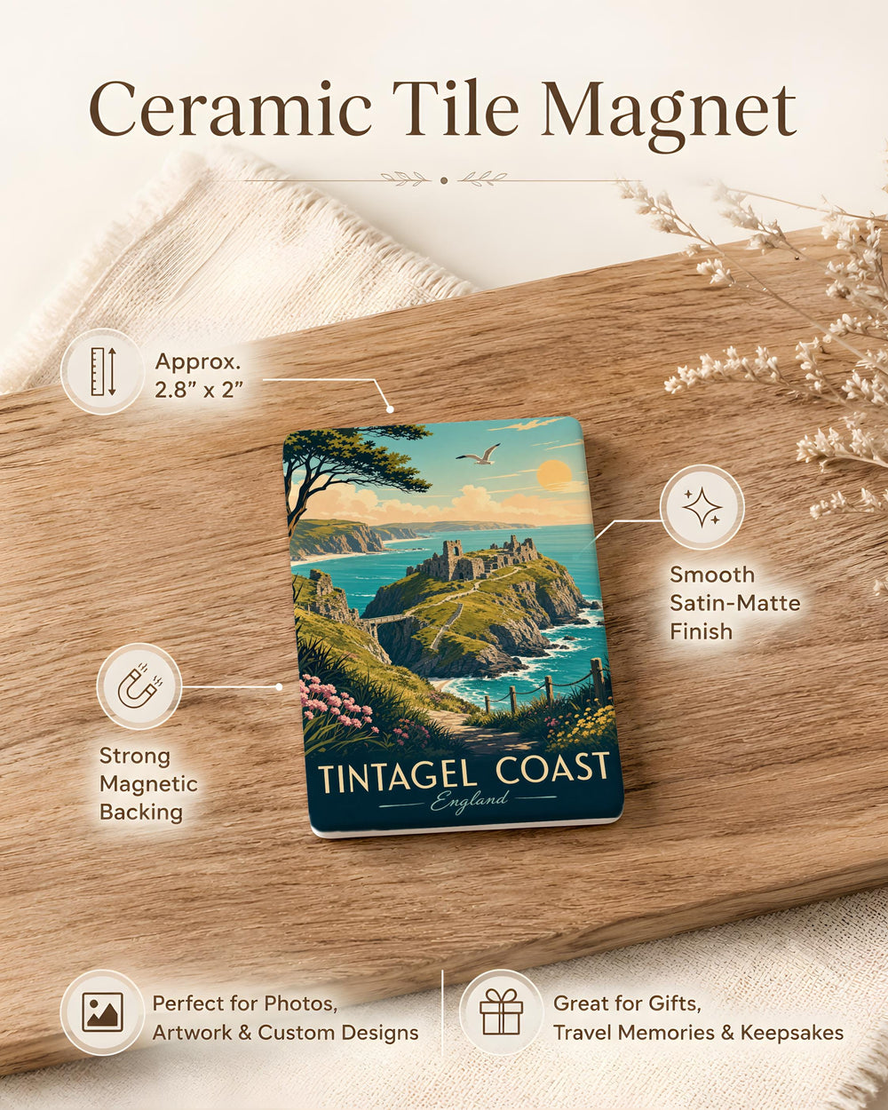 Tintagel Coast Fridge Magnet, Cornwall England Coastal Cliffs & Sea View Souvenir Magnet, UK Seaside Travel Keepsake