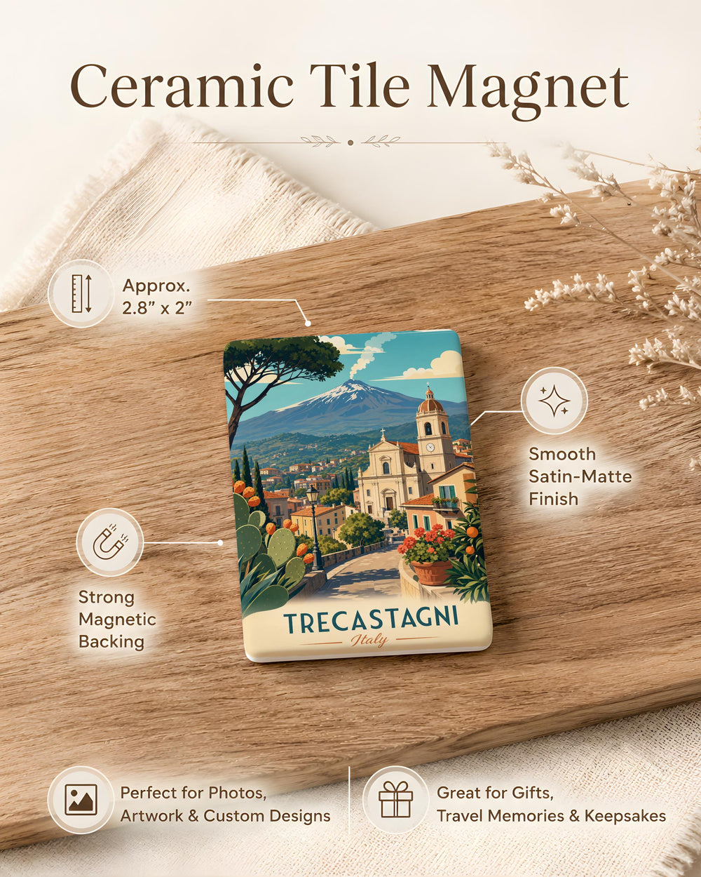 Trecastagni Italy Fridge Magnet, Sicily Travel Souvenir, Mount Etna Town Landmark Keepsake Magnet