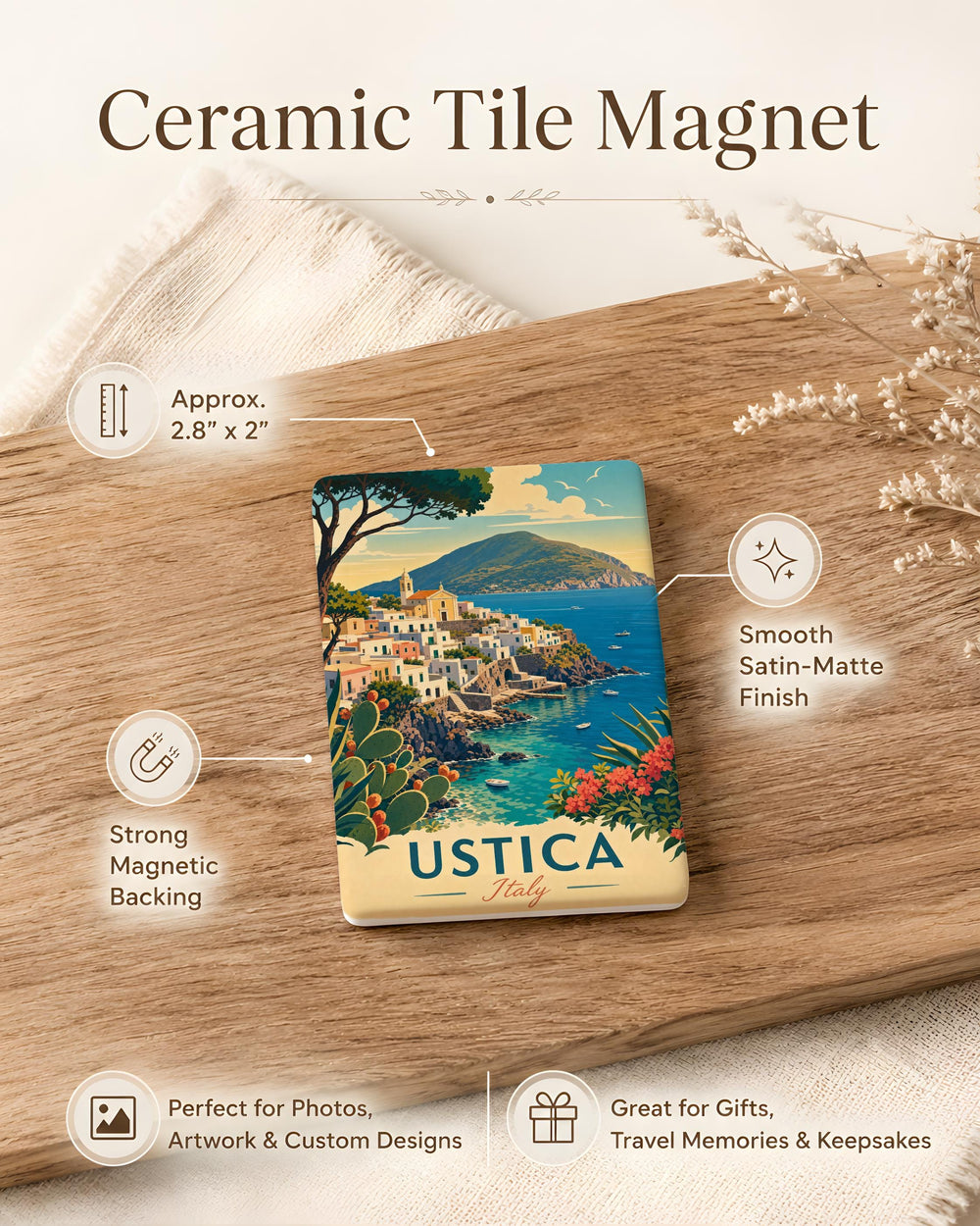 Ustica Italy Fridge Magnet, Ustica Island Sicily Souvenir Magnet, Italian Travel Landmark Keepsake, Mediterranean Island Gift