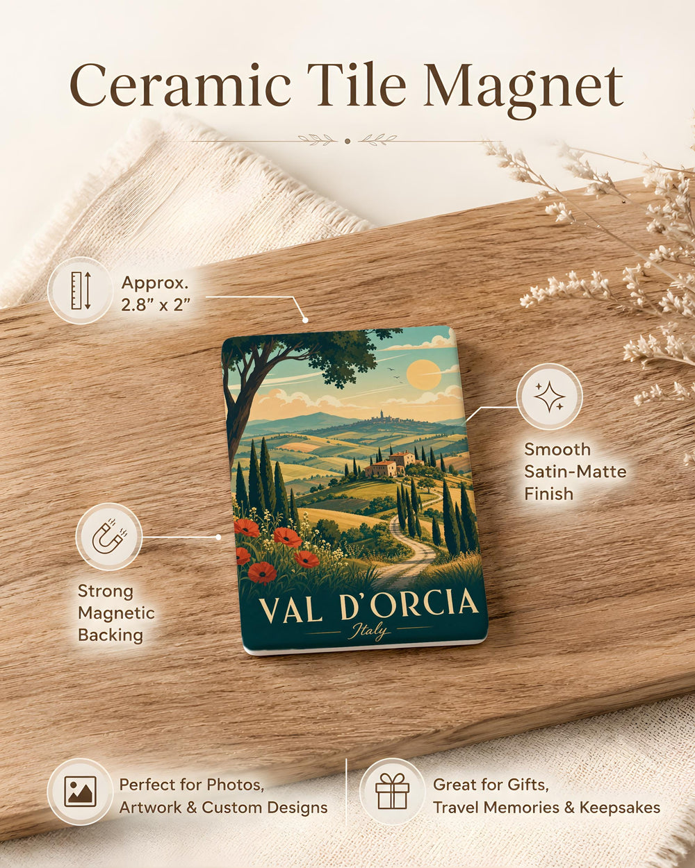 Val d’Orcia Italy Fridge Magnet, Tuscan Countryside Landscape Souvenir, Travel Gift, Val d’Orcia Keepsake Magnet