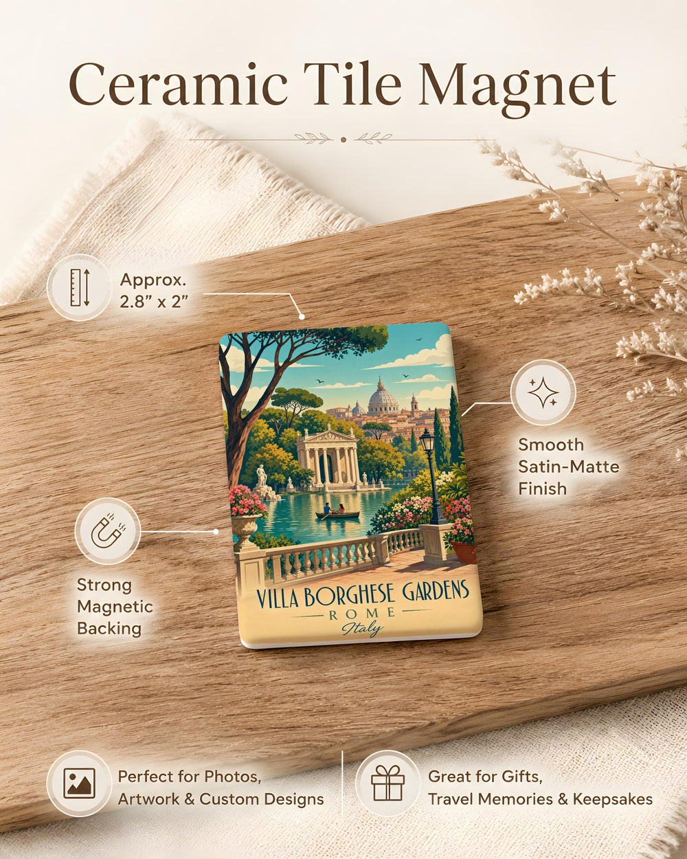 Villa Borghese Gardens Fridge Magnet, Rome Italy Park Landmark Souvenir, Travel Gift, Italian Garden Keepsake Magnet