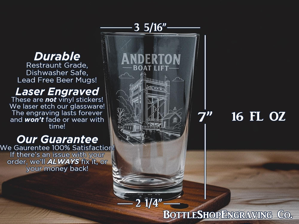 Anderton Boat Lift Pint Glass, Cheshire England Canal Landmark Drinkware, Industrial Waterway Lift Souvenir Glass