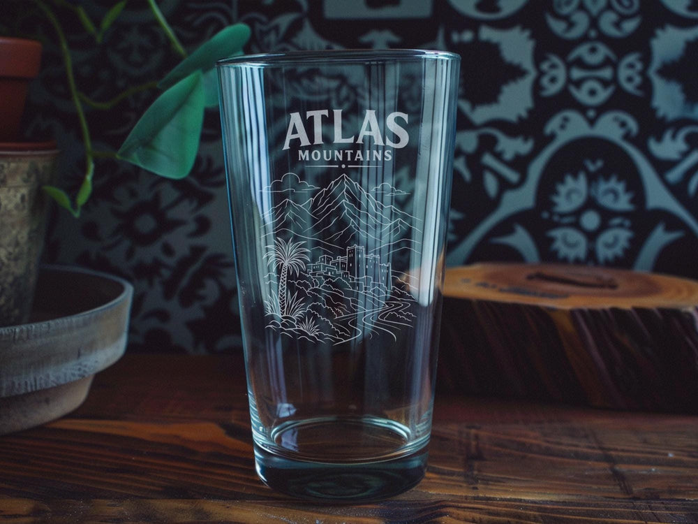 Atlas Mountains Pint Glass, Morocco Mountain Range Souvenir Beer Glass, North Africa Travel Gift Drinkware