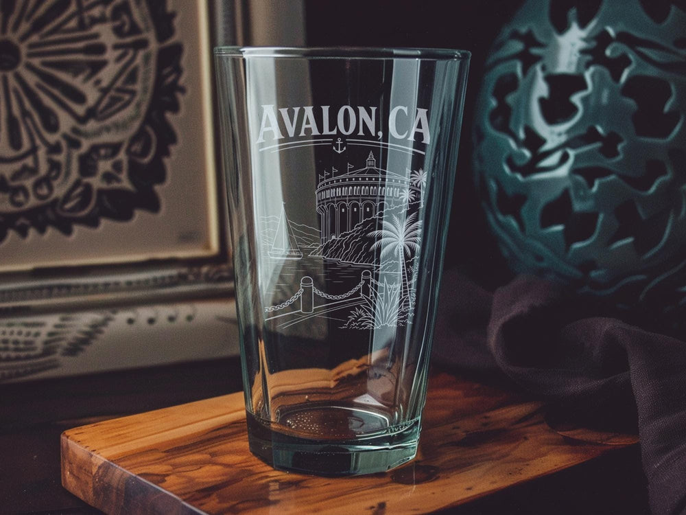 Avalon CA Pint Glass, Catalina Island Souvenir Beer Glass, California Coastal Travel Gift, Avalon Harbor Theme Drinkware