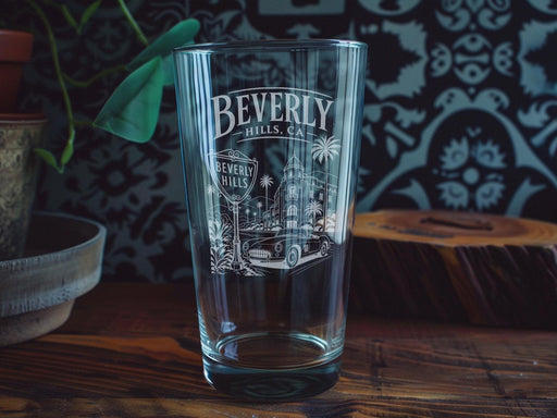Beverly Hills CA Pint Glass, Beverly Hills California Souvenir Beer Glass, Los Angeles Travel Gift Barware