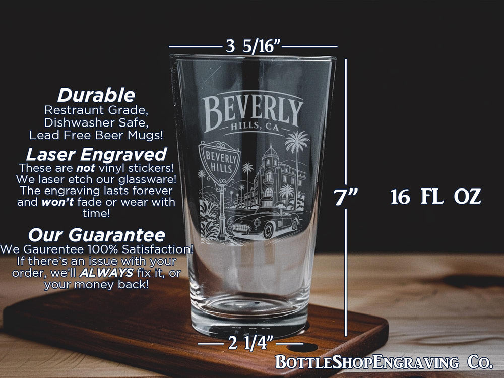 Beverly Hills CA Pint Glass, Beverly Hills California Souvenir Beer Glass, Los Angeles Travel Gift Barware