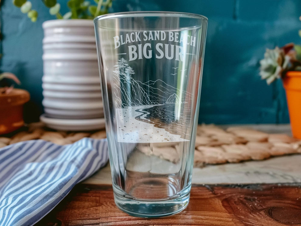 Black Sand Beach Big Sur Pint Glass, California Coast Scenic Souvenir Beer Glass, Big Sur Travel Gift, Coastal Landmark Glassware