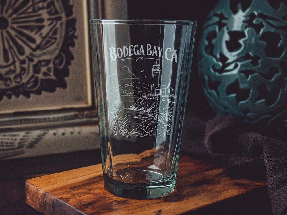 Bodega Bay CA Pint Glass, California Coastal Town Souvenir Beer Glass, Sonoma County Beach Vacation Drinkware Gift