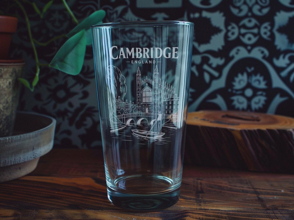 Cambridge England Pint Glass, Cambridge City Skyline Souvenir Beer Glass, UK Travel Gift, Cambridge Landmark Pub Glass