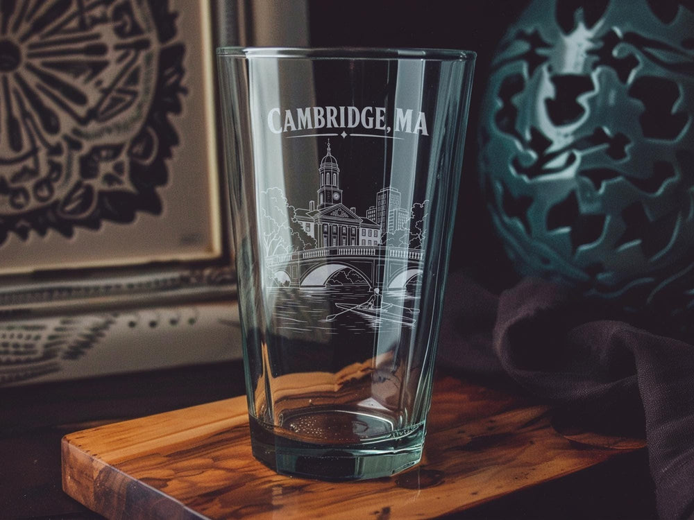 Cambridge MA Pint Glass, Cambridge Massachusetts Souvenir Beer Glass, Harvard Square Cambridge Gift, Boston Area Travel Drinkware