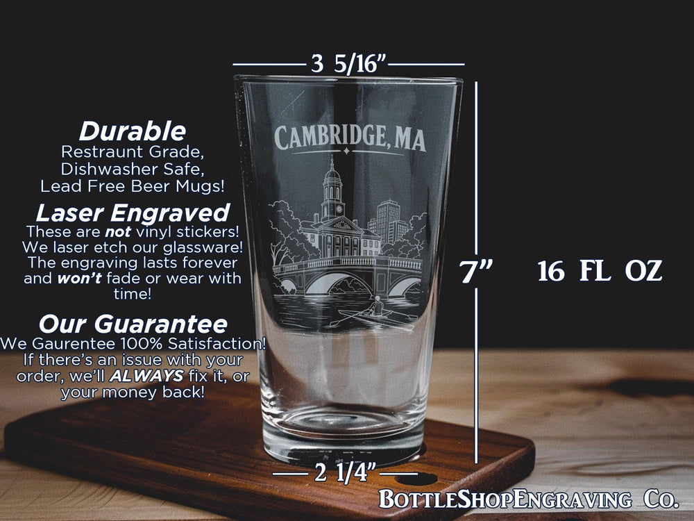 Cambridge MA Pint Glass, Cambridge Massachusetts Souvenir Beer Glass, Harvard Square Cambridge Gift, Boston Area Travel Drinkware
