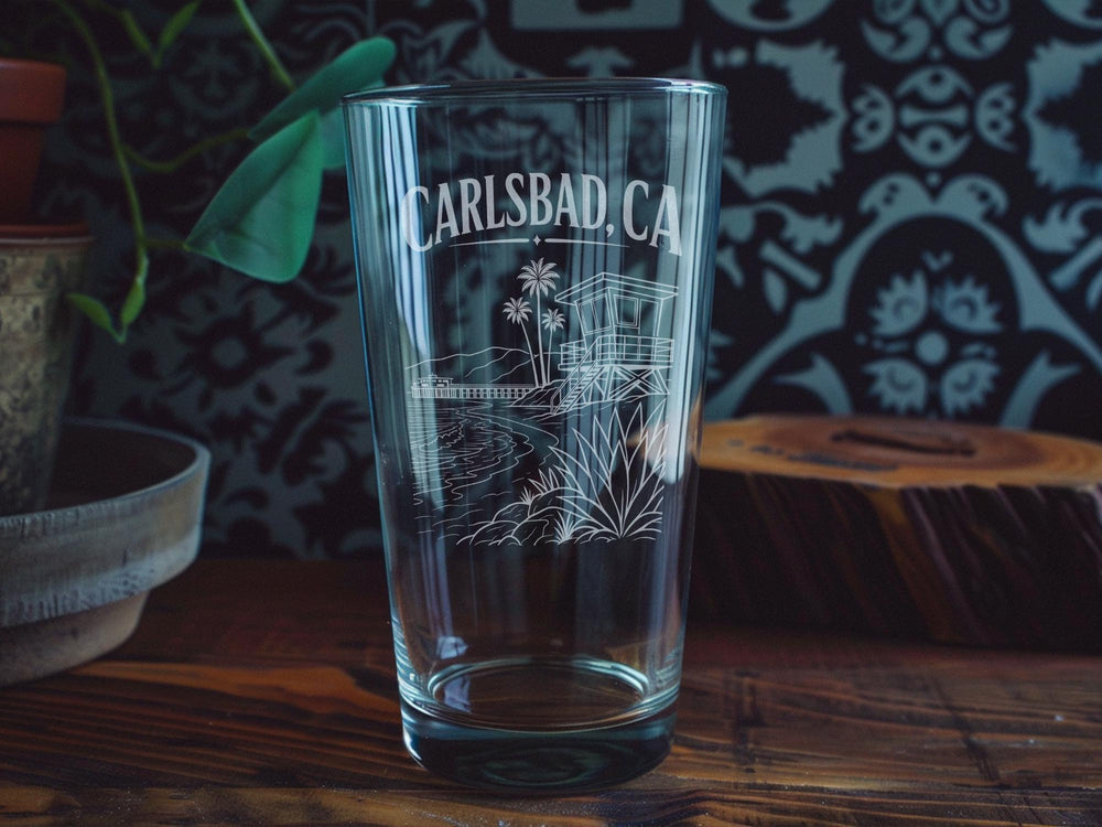 Carlsbad CA Pint Glass, Carlsbad California Souvenir Beer Glass, Coastal Beach Town Travel Gift, Vacation Keepsake Drinkware