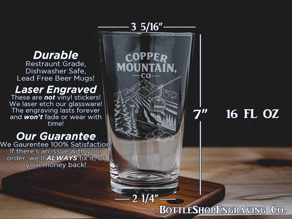 Copper Mountain CO Pint Glass, Colorado Ski Resort Souvenir Beer Glass, Mountain Town Travel Gift, Summit County Drinkware