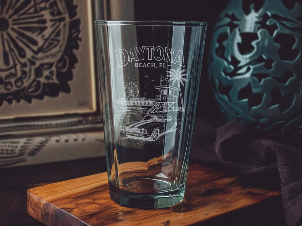 Daytona Beach FL Pint Glass, Florida Beach Souvenir Glass, Coastal Vacation Drinkware, Daytona Beach Gift