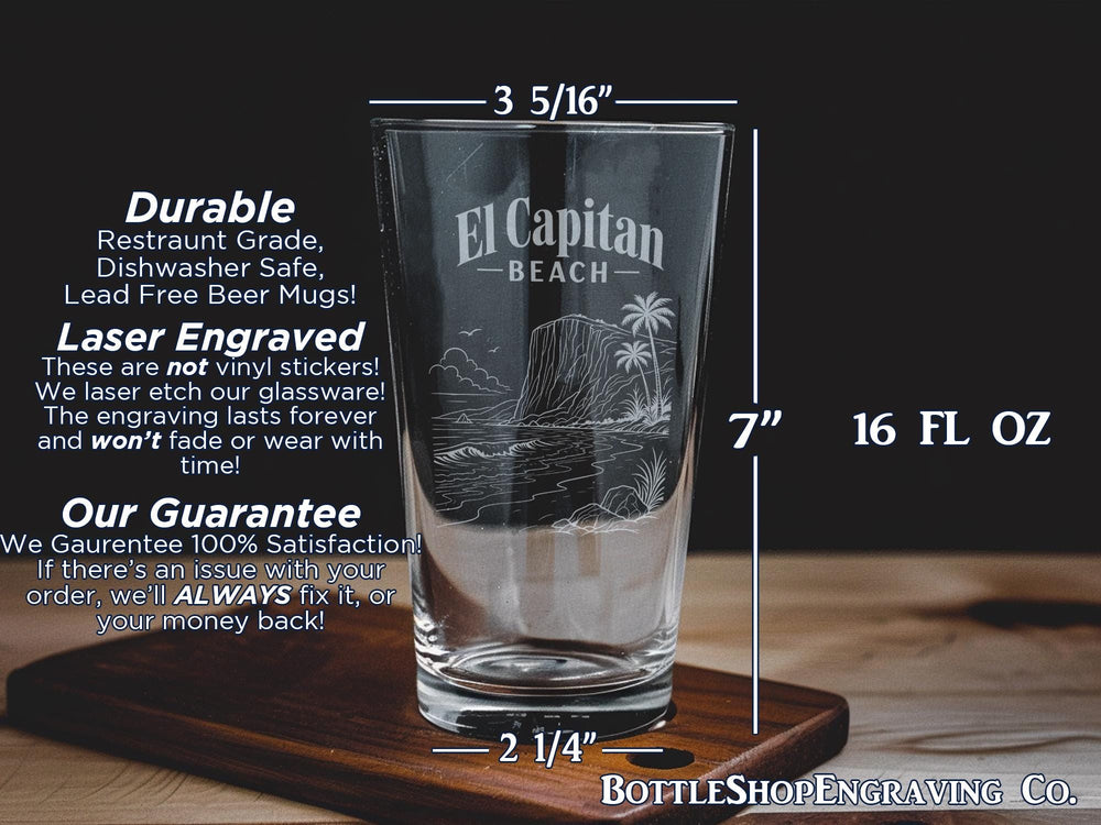 El Capitan Beach Pint Glass, California Coastal Landscape Beer Glass, Santa Barbara Surf & Sand Souvenir Gift