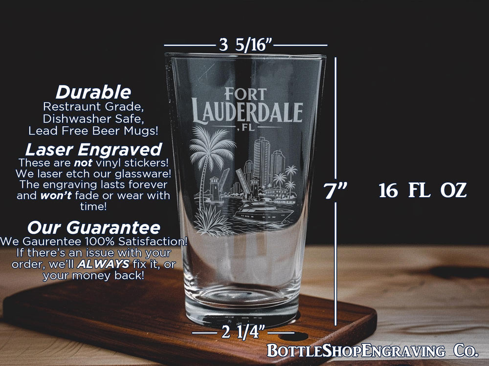 Fort Lauderdale FL Pint Glass, Fort Lauderdale Florida Souvenir Beer Glass, Beach City Travel Gift, Coastal Barware Drinkware