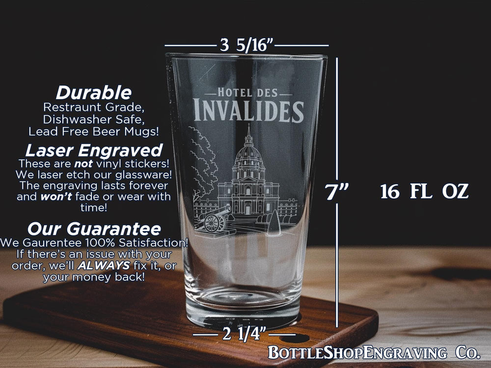Hôtel des Invalides Paris Pint Glass, Les Invalides Landmark Souvenir Drinkware, France Travel Gift Bar Glass