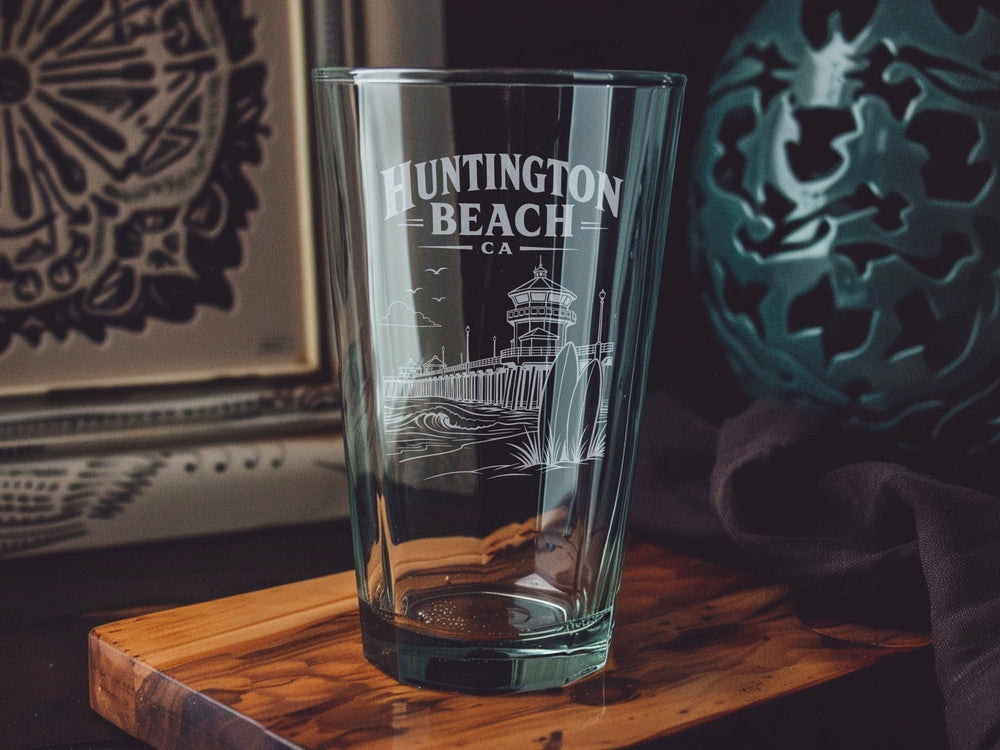 Huntington Beach CA Pint Glass, Huntington Beach California Souvenir Glass, Beach Town Coastal Drinkware Gift