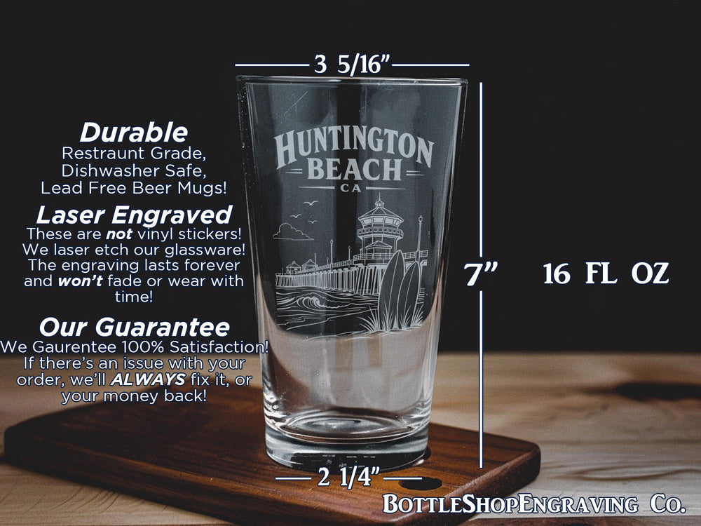 Huntington Beach CA Pint Glass, Huntington Beach California Souvenir Glass, Beach Town Coastal Drinkware Gift