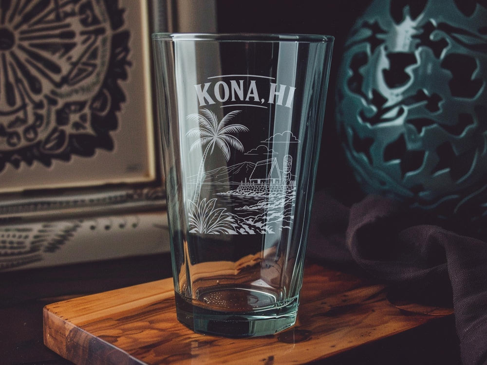 Kona Hawaii Pint Glass, Kona HI Souvenir Drinkware, Big Island Travel Gift, Tropical Island Bar Glass, Coastal Vacation Keepsake