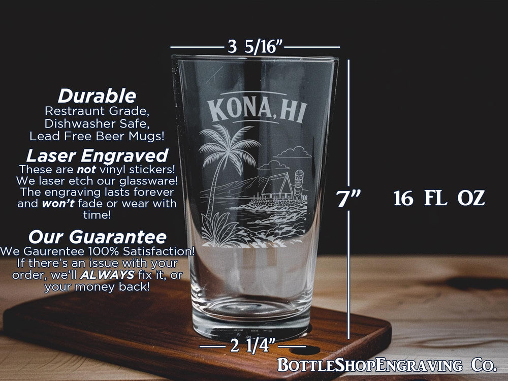 Kona Hawaii Pint Glass, Kona HI Souvenir Drinkware, Big Island Travel Gift, Tropical Island Bar Glass, Coastal Vacation Keepsake