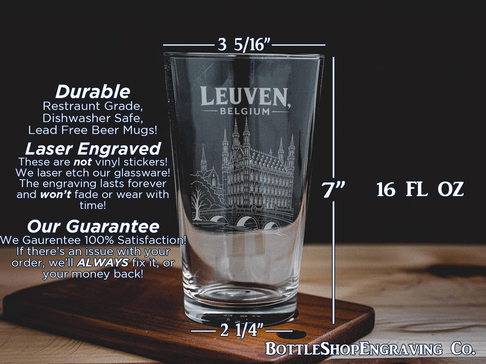 Leuven Belgium Pint Glass, Leuven City Souvenir Beer Glass, Belgium Travel Gift, Leuven Landmark Drinkware, Belgian Beer Lover Gift