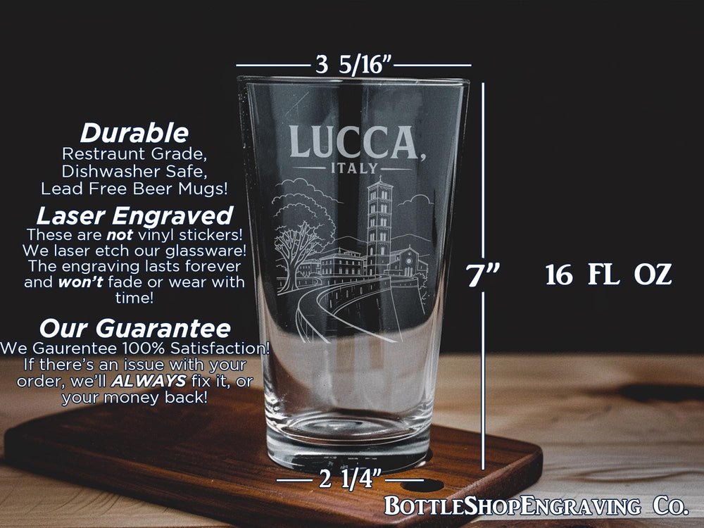 Lucca Italy Pint Glass, Tuscany Souvenir Beer Glass, Lucca Cityscape Travel Gift, Italian Vacation Keepsake Drinkware