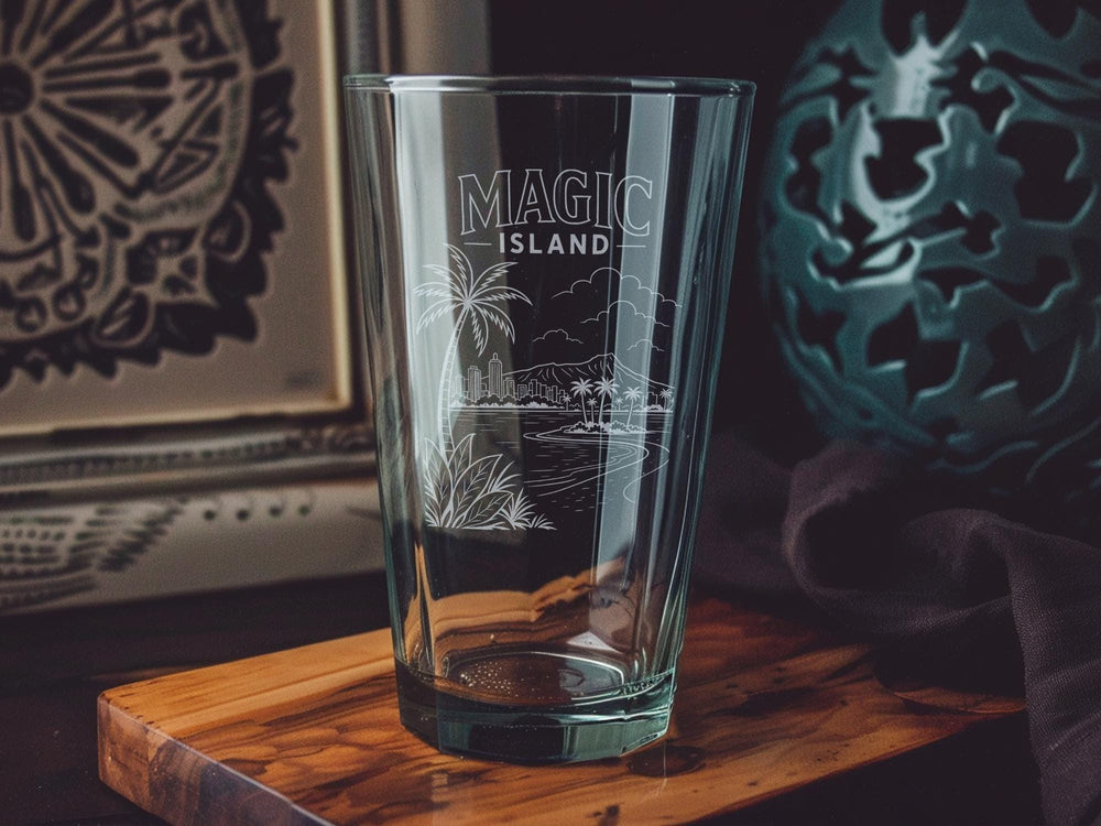 Magic Island Pint Glass, Tropical Island Beach Scene Drinkware, Ocean Palm Tree Sunset Bar Glass, Hawaii Vacation Souvenir Gift