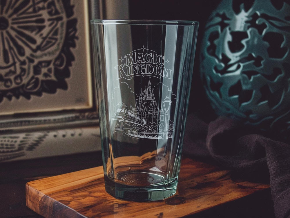 Magic Kingdom Pint Glass, Theme Park Castle & Fireworks Beer Glass, Disney World Inspired Souvenir Drinkware Gift