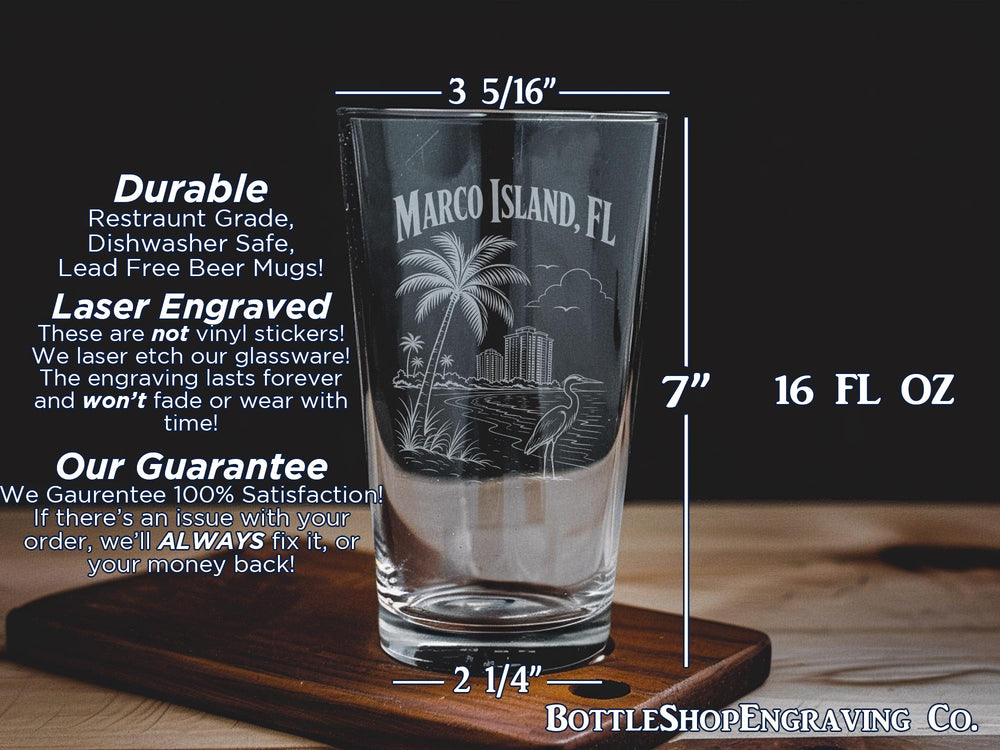 Marco Island FL Pint Glass, Marco Island Florida Souvenir Drinkware, Beach Vacation Gift, Coastal Bar Glass, Florida Gulf Coast Keepsake