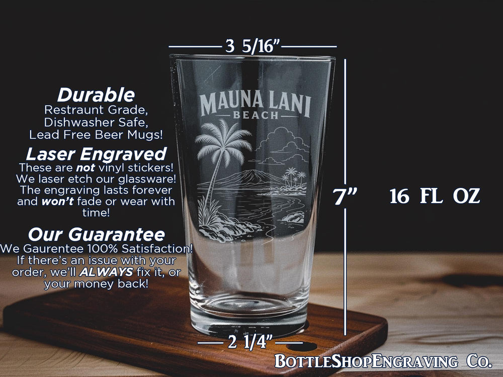Mauna Lani Beach Pint Glass, Hawaii Beach Scene Drinkware, Tropical Coastal Souvenir Glass, Island Vacation Gift